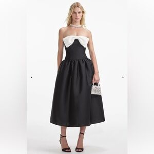 🖤NWT Self-Portrait BLACK TAFFETA CONTRAST BOW MIDI DRESS